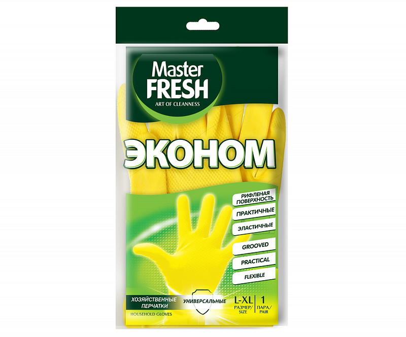 Master FRESH ЭКОНОМ хозяйственные перчатки (латексные с хлопком), 1 пара (большой размер L/XL), желтые Master FRESH ЭКОНОМ хозяйственные перчатки (латексные с хлопком), 1 пара (большой размер L/XL), желтые