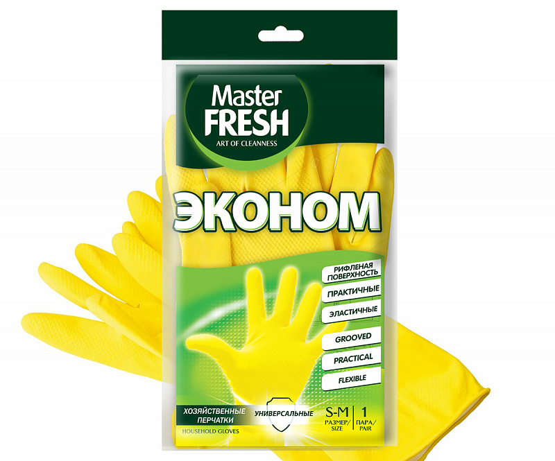 Master FRESH ЭКОНОМ хозяйственные перчатки (латексные с хлопком), 1 пара (средний размер S/M), желтые
